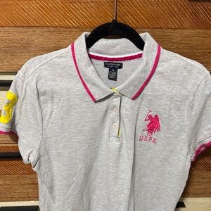 U.S. Polo Assn. Women’s Light Gray Polo with Pink and Yellow Details, XL